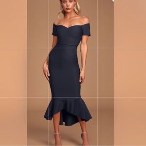 Lulus How Much I Care Midnight Blue Off-the-Shoulder Midi Dress